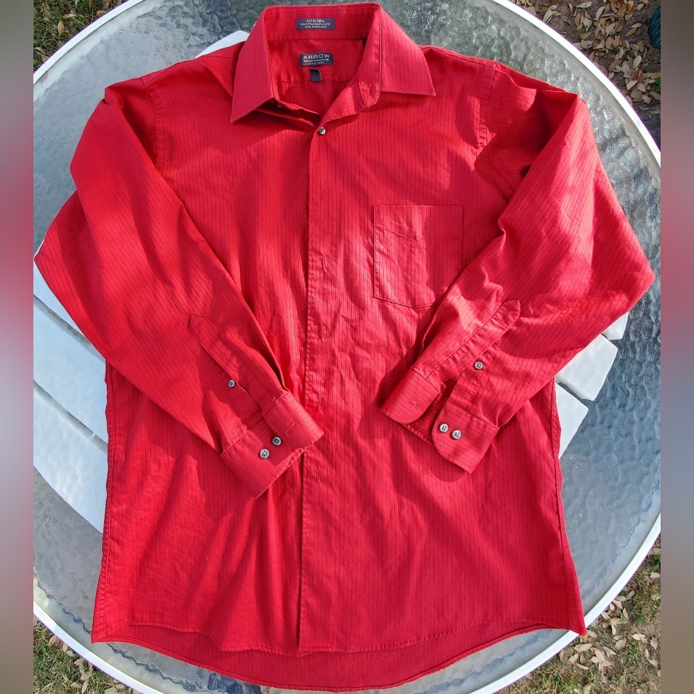 Arrow Men's Large 32/33 Red Striped Long Sleeve Dress Shirt GPWC